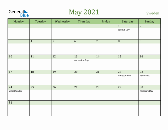 May 2021 Calendar with Sweden Holidays
