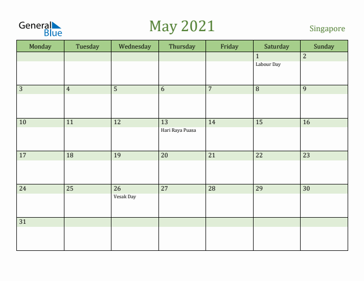 May 2021 Calendar with Singapore Holidays