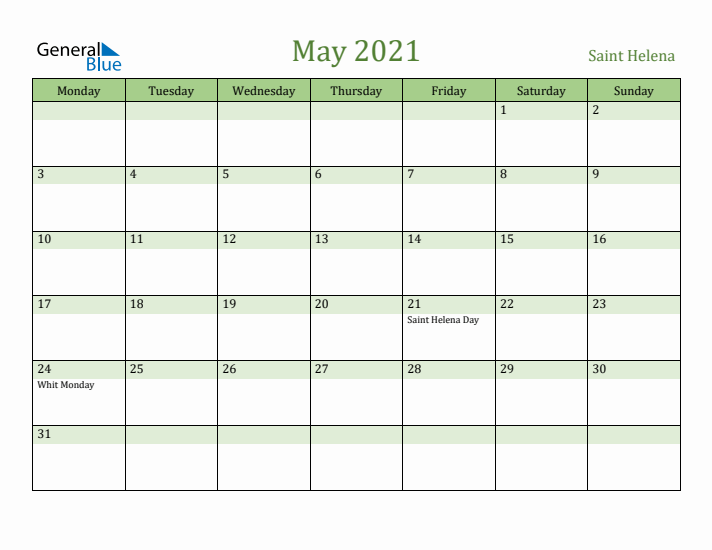 May 2021 Calendar with Saint Helena Holidays