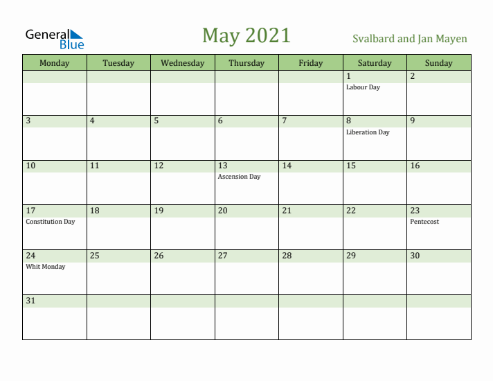 May 2021 Calendar with Svalbard and Jan Mayen Holidays
