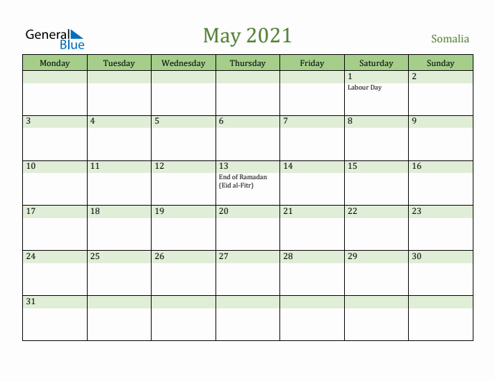 May 2021 Calendar with Somalia Holidays