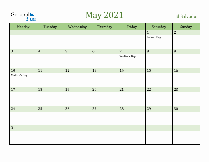 May 2021 Calendar with El Salvador Holidays