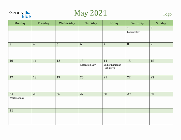 May 2021 Calendar with Togo Holidays