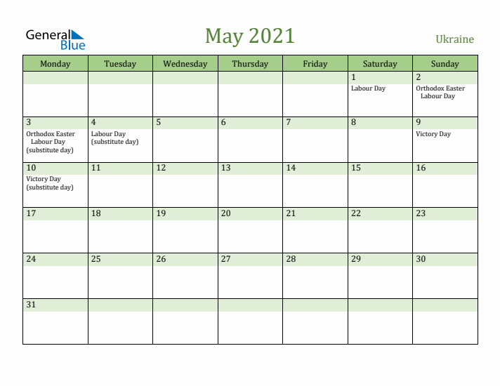 May 2021 Calendar with Ukraine Holidays