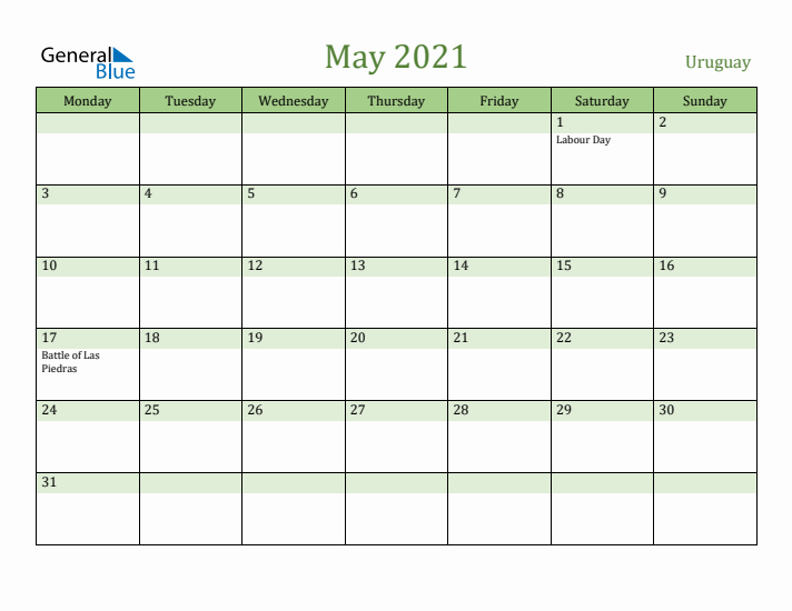 May 2021 Calendar with Uruguay Holidays