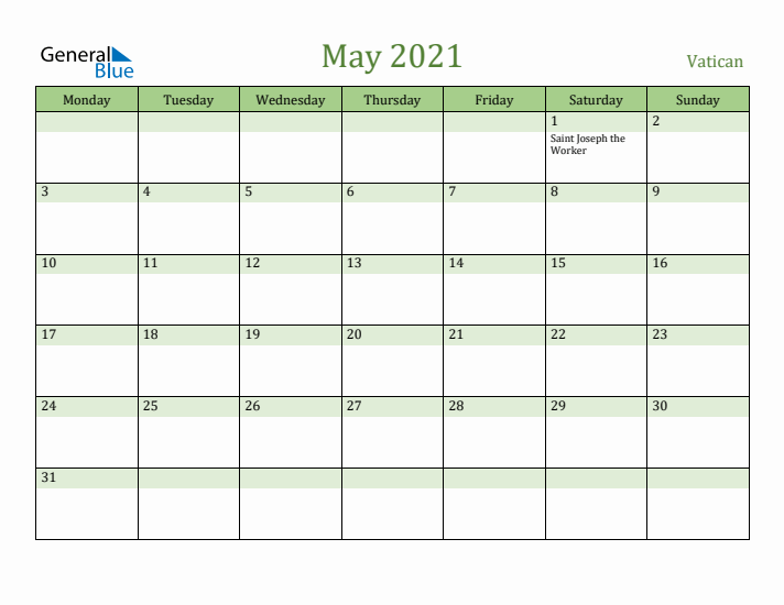 May 2021 Calendar with Vatican Holidays