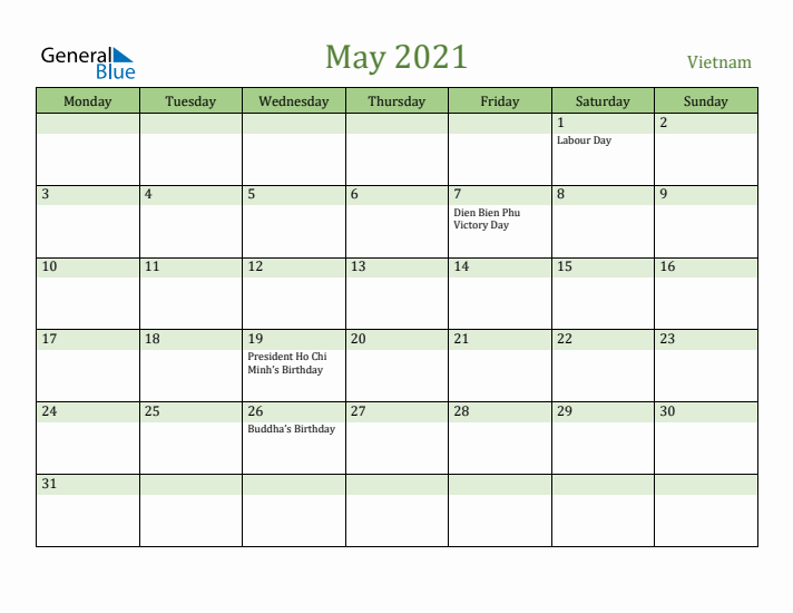 May 2021 Calendar with Vietnam Holidays