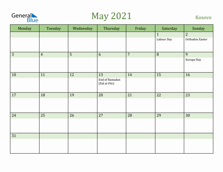 May 2021 Calendar with Kosovo Holidays
