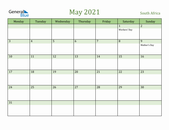 May 2021 Calendar with South Africa Holidays