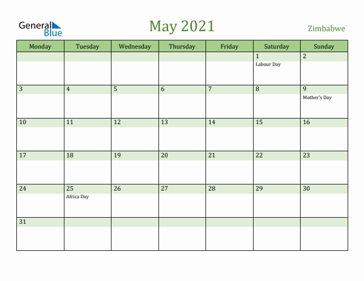 May 2021 Calendar with Zimbabwe Holidays