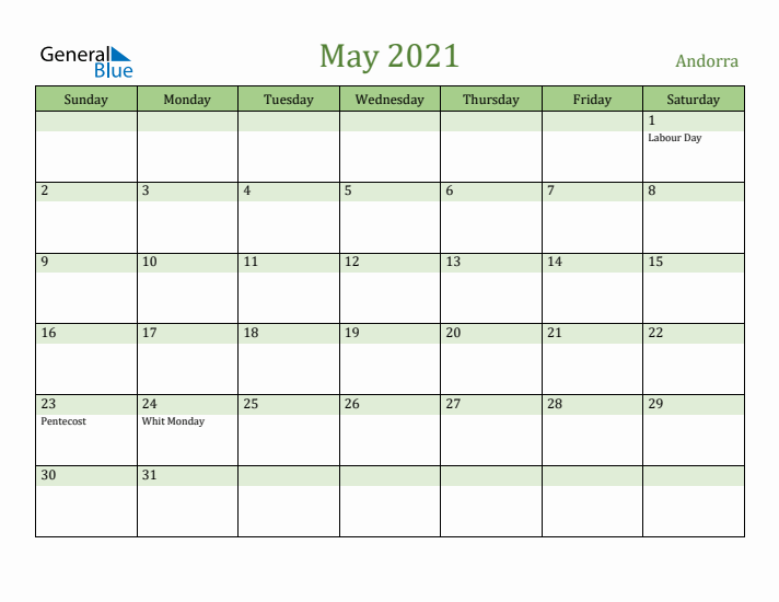 May 2021 Calendar with Andorra Holidays
