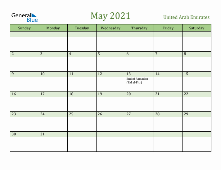 May 2021 Calendar with United Arab Emirates Holidays