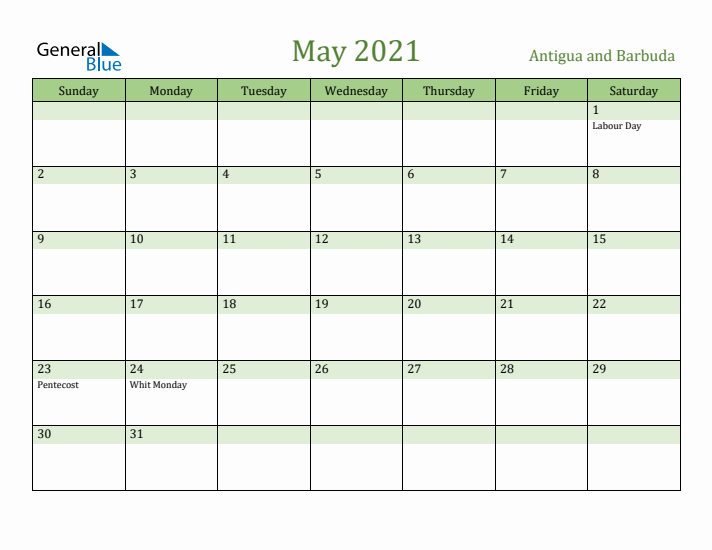 May 2021 Calendar with Antigua and Barbuda Holidays