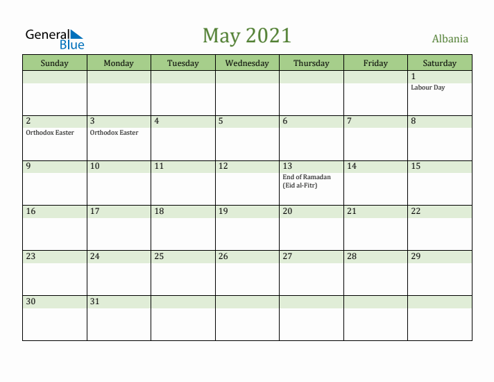 May 2021 Calendar with Albania Holidays