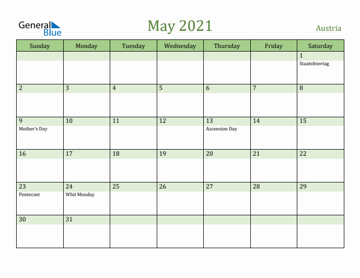 May 2021 Calendar with Austria Holidays
