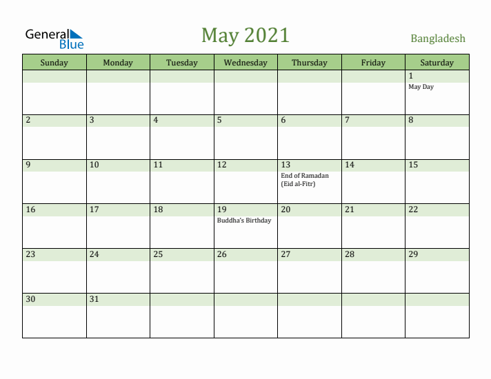 May 2021 Calendar with Bangladesh Holidays
