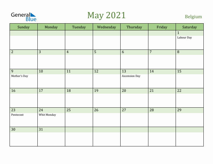 May 2021 Calendar with Belgium Holidays