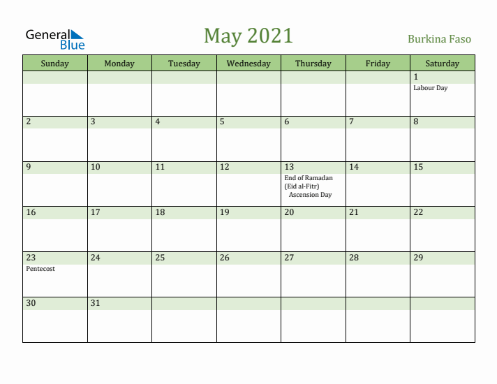 May 2021 Calendar with Burkina Faso Holidays