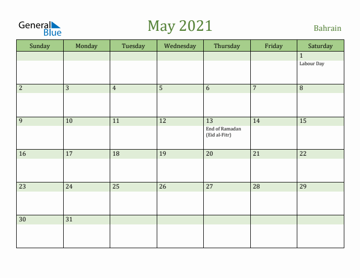 May 2021 Calendar with Bahrain Holidays