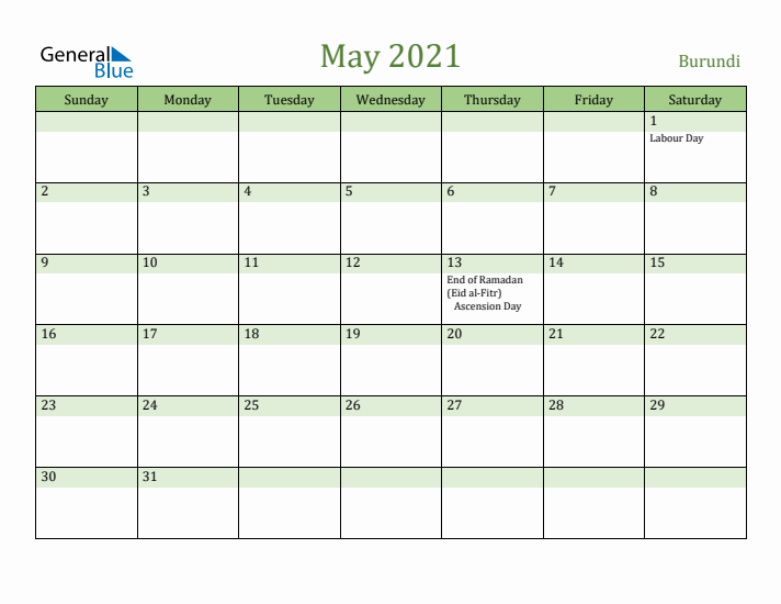 May 2021 Calendar with Burundi Holidays