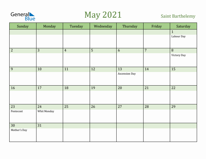 May 2021 Calendar with Saint Barthelemy Holidays
