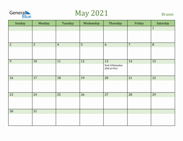 May 2021 Calendar with Brunei Holidays