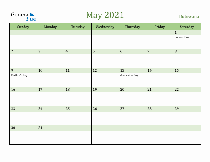 May 2021 Calendar with Botswana Holidays