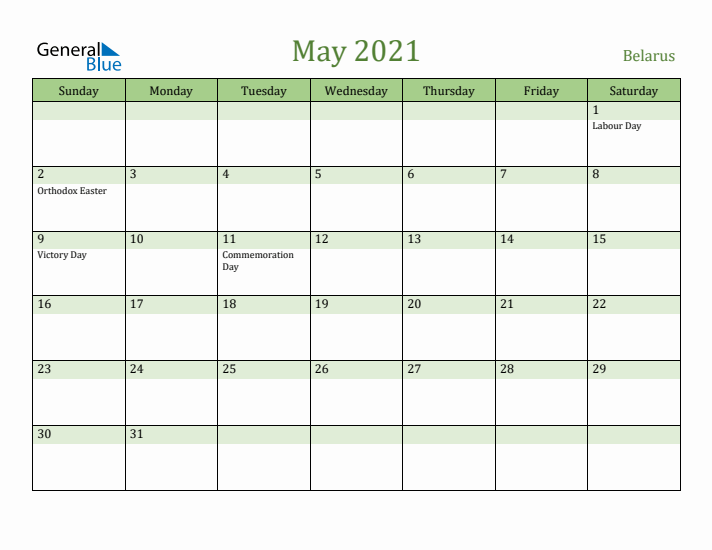 May 2021 Calendar with Belarus Holidays