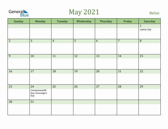 May 2021 Calendar with Belize Holidays