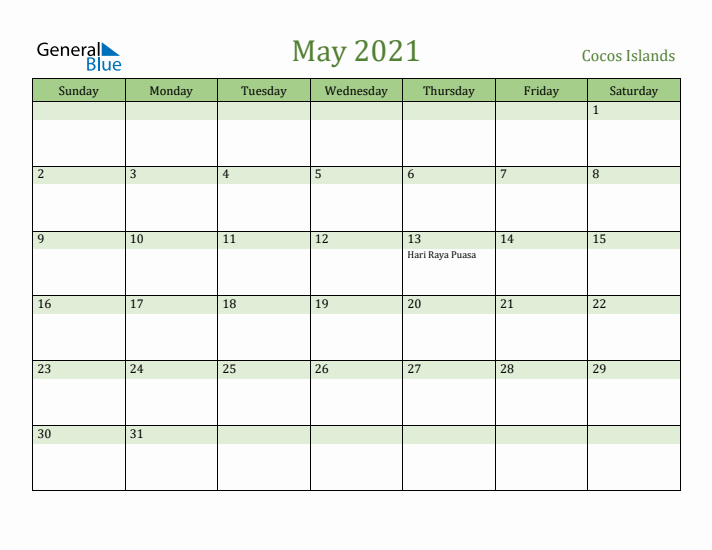May 2021 Calendar with Cocos Islands Holidays