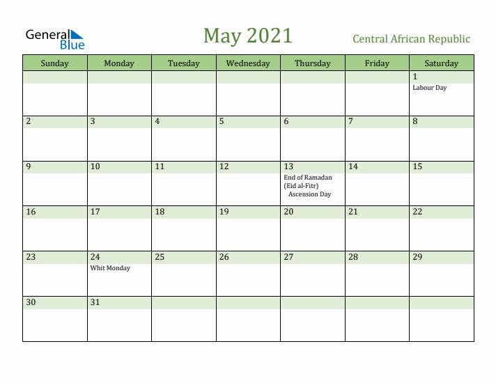 May 2021 Calendar with Central African Republic Holidays