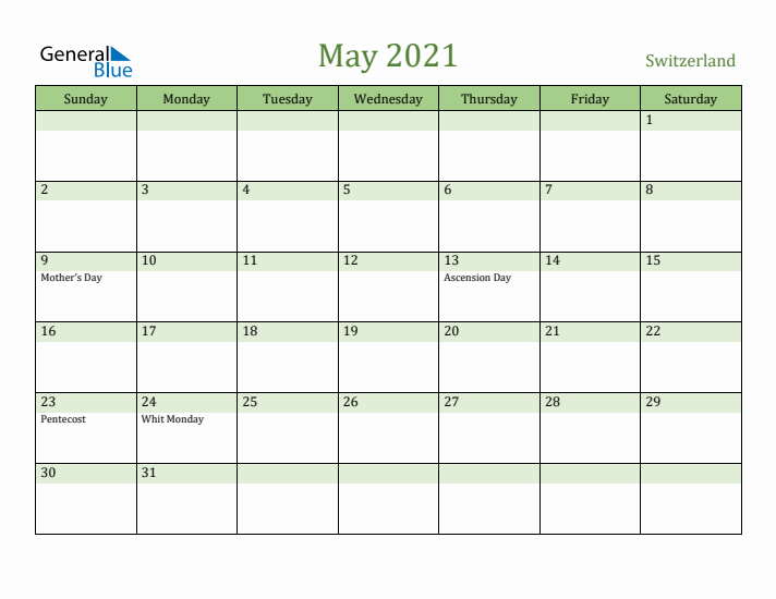 May 2021 Calendar with Switzerland Holidays