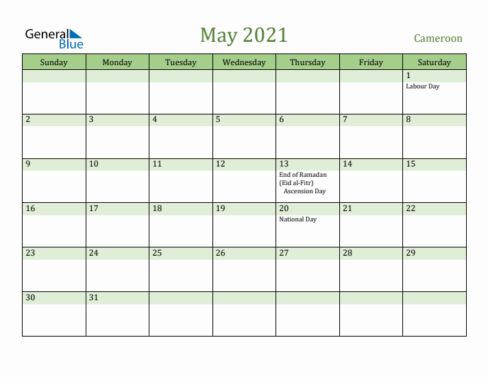 May 2021 Calendar with Cameroon Holidays
