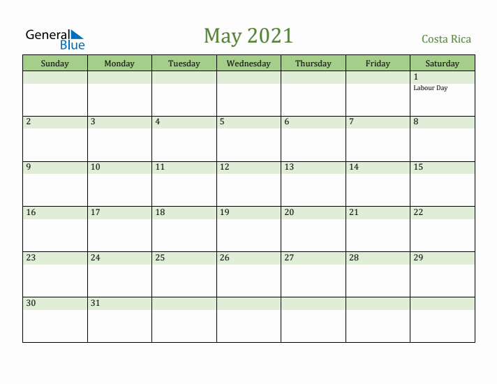May 2021 Calendar with Costa Rica Holidays