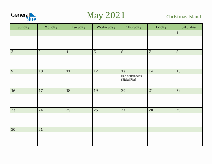 May 2021 Calendar with Christmas Island Holidays