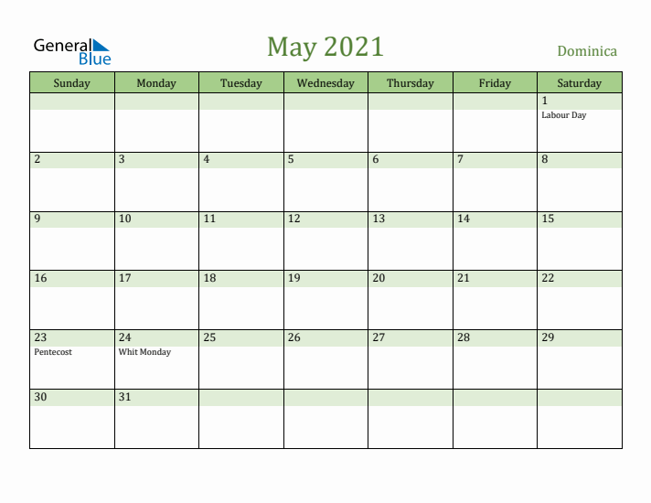 May 2021 Calendar with Dominica Holidays