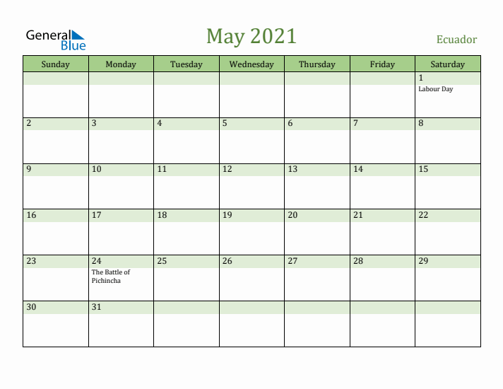May 2021 Calendar with Ecuador Holidays