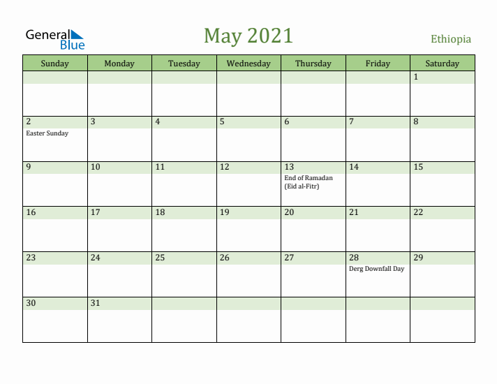 May 2021 Calendar with Ethiopia Holidays
