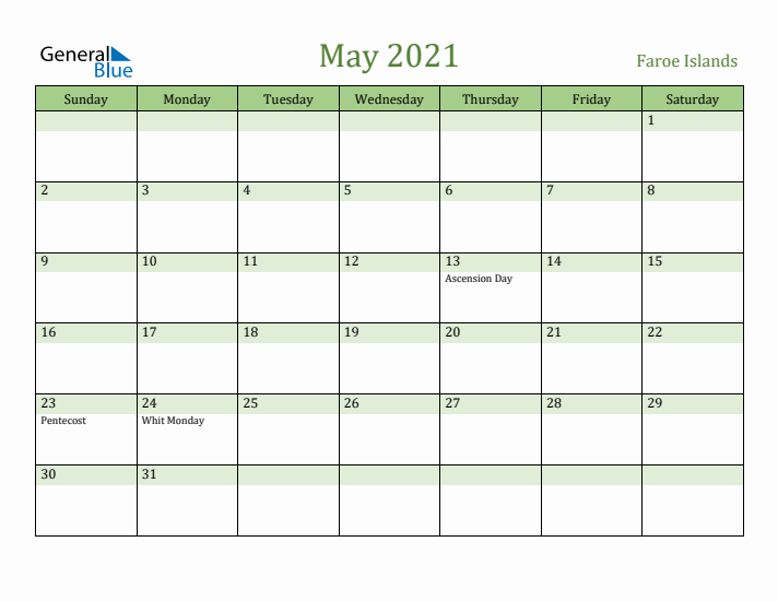 May 2021 Calendar with Faroe Islands Holidays