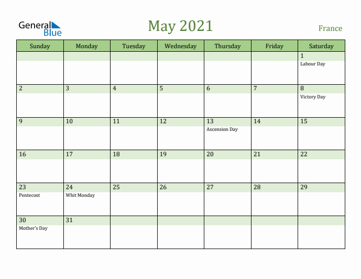 May 2021 Calendar with France Holidays