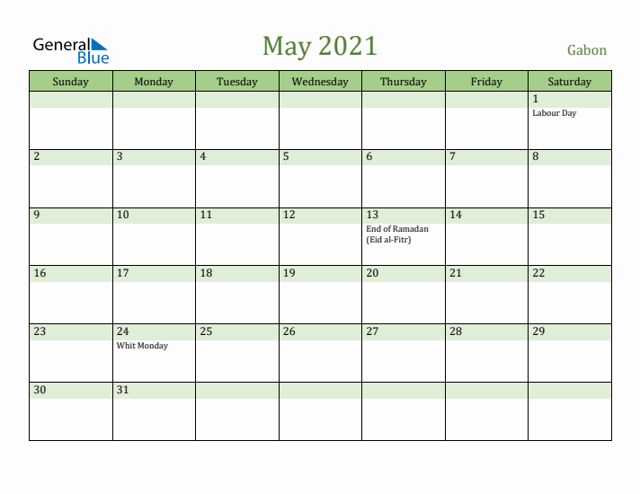 May 2021 Calendar with Gabon Holidays