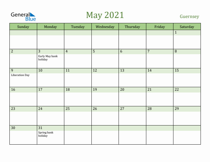 May 2021 Calendar with Guernsey Holidays