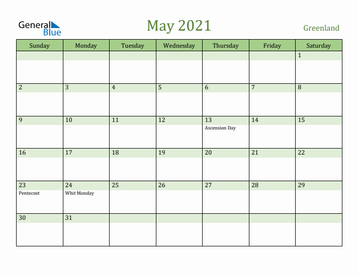May 2021 Calendar with Greenland Holidays