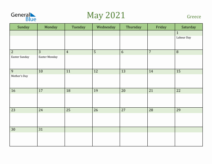 May 2021 Calendar with Greece Holidays