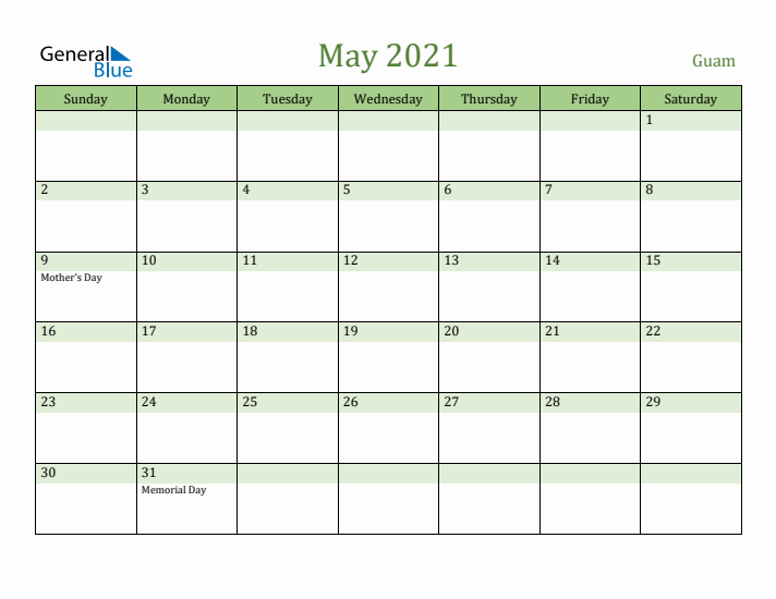 May 2021 Calendar with Guam Holidays