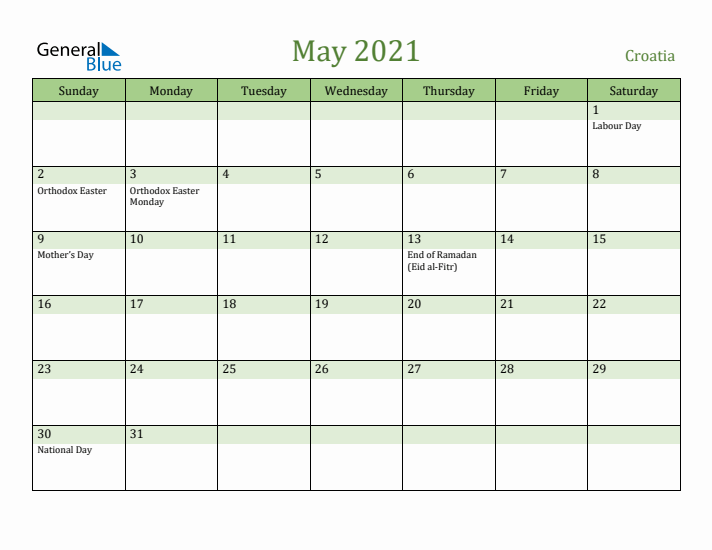 May 2021 Calendar with Croatia Holidays