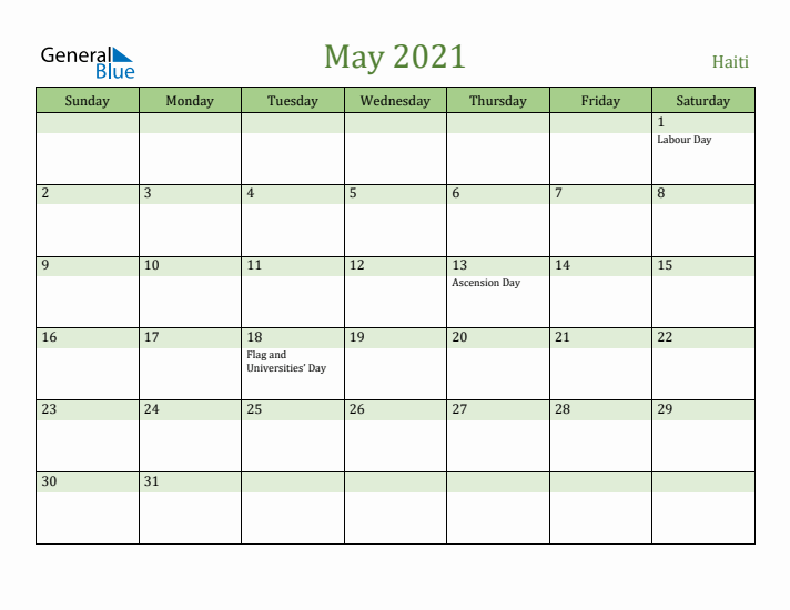 May 2021 Calendar with Haiti Holidays