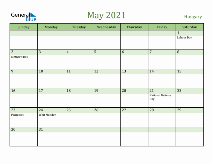 May 2021 Calendar with Hungary Holidays