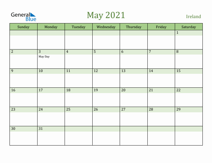 May 2021 Calendar with Ireland Holidays