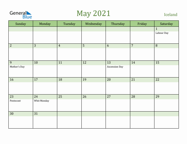 May 2021 Calendar with Iceland Holidays